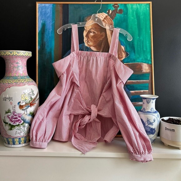 Laundry by Shelli Segal Striped Red Nautical Off Shoulder Bow Blouse Size 10 - Picture 4 of 15